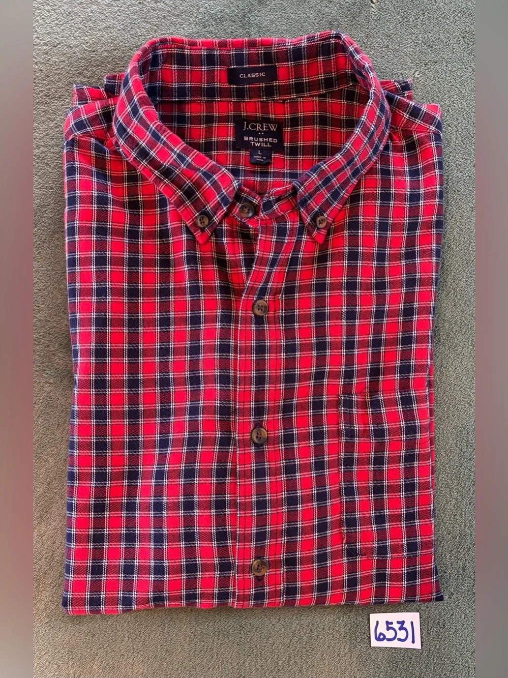 J. Crew Red and Navy Plaid Brushed Twill Button-Down Shirt, Size: L (6531)